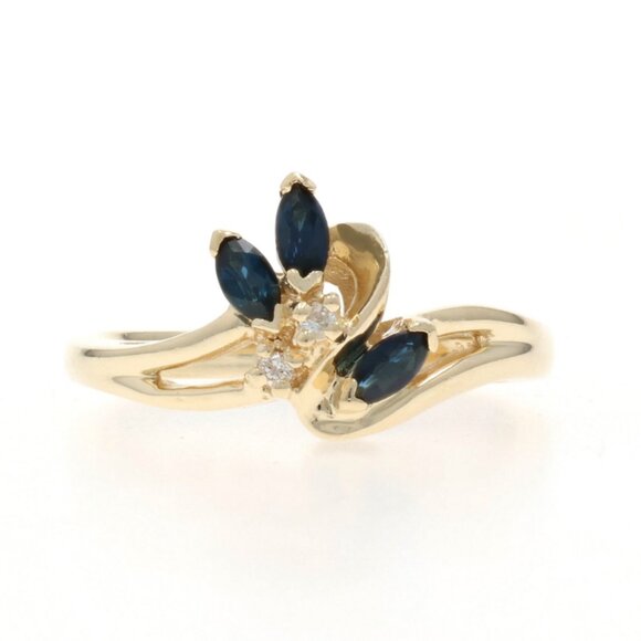 Yellow Gold Sapphire Diamond Cluster Bypass Ring - 10k Marquise .47ctw Floral